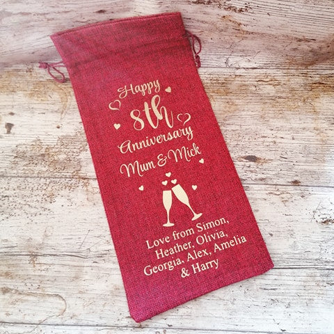 Personalised anniversary wine bottle gift bag jute hessian material keepsake anniversary gift