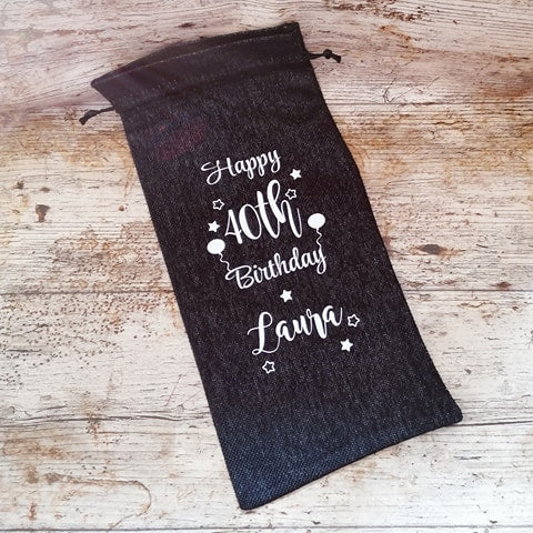 Personalised happy birthday wine bottle gift bag jute hessian material keepsake birthday gift