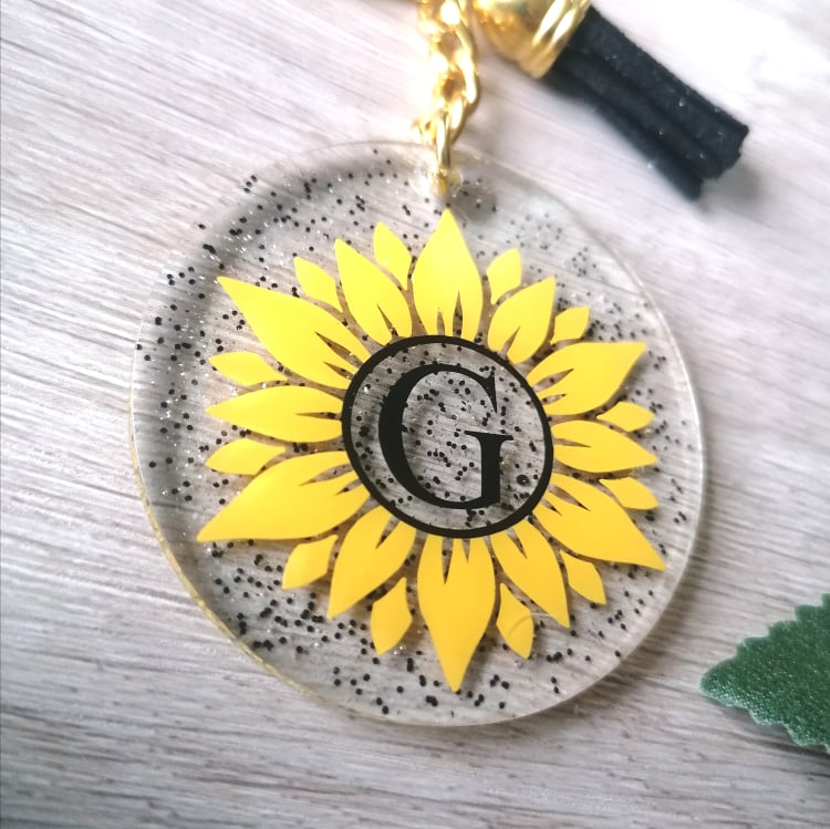 Personalised keyring with monogram initial - sunflower theme