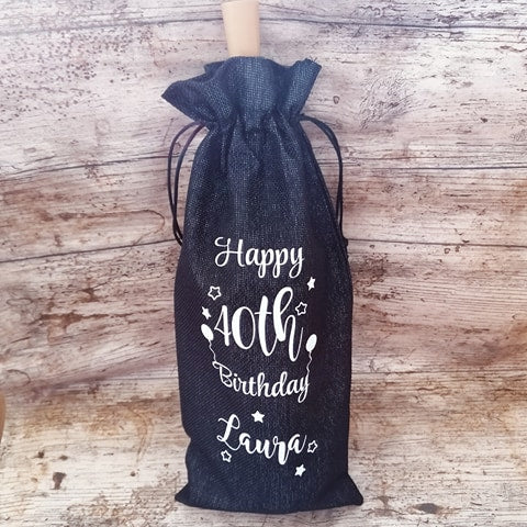 Personalised happy birthday wine bottle gift bag jute hessian material keepsake birthday gift
