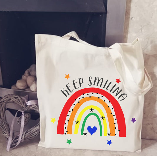 keep smiling tote bag rainbow tote positive quote tote bag love rainbows gift rainbow gift bag